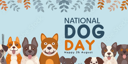 National dog day illustration with various breeds and leafy decorations