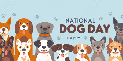 National dog day celebration with various cartoon dog breeds illustrated