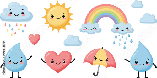 Colorful cartoon weather icons with smiling faces and umbrellas on a white background with rainbow and heart