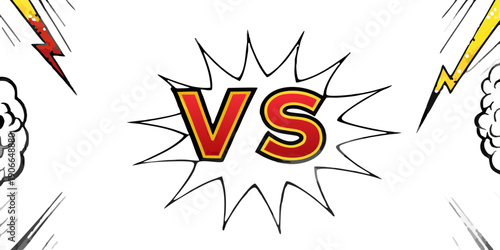 A dynamic versus graphic with bold red letters against a black background