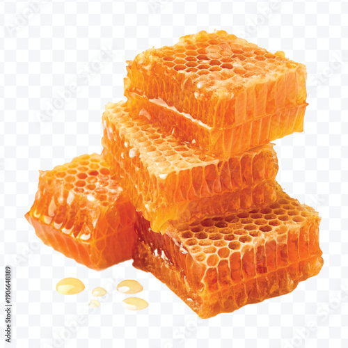 realistic four stacked honeycomb pieces with dripping honey in different style isolated on transparent background