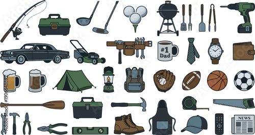 Collection of assorted hobbies and tools icons, including fishing rod, golf clubs, BBQ grill, tools, car, lawnmower, sports equipment, camping gear and accessories