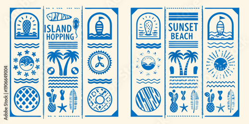 Collection of stylized blue and white tropical island themed rectangular badges