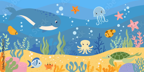 Colorful cartoon illustration of various marine animals in the ocean