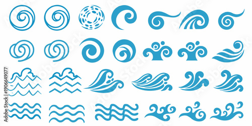 Collection of stylized blue wave and swirl vector design elements