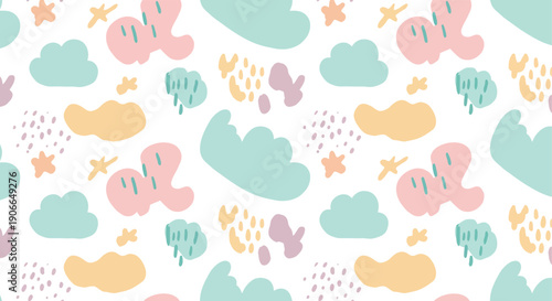 Colorful abstract pattern with various shapes in pastel hues on white background