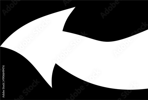 Stylized black arrow pointing left with a curved tail, isolated on a white background. Modern vector graphic for signifying return, back movement, or previous steps.