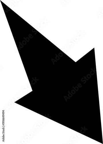 Sharp black arrow pointing diagonally down, simple geometric shape on white. Vector icon for downward direction, decline, or next action.