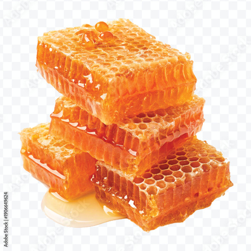 realistic four stacked honeycomb pieces with dripping honey in different style isolated on transparent background