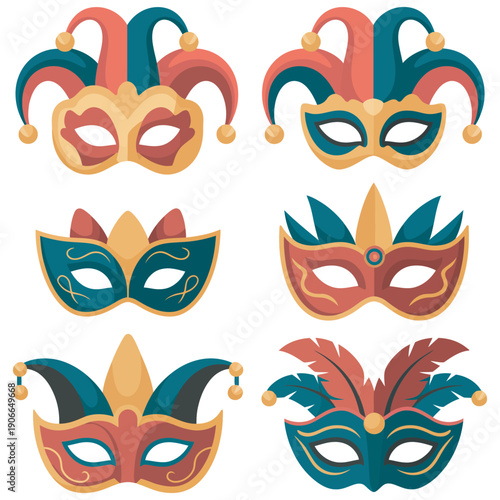 Ornate carnival and masquerade masks, vibrant jester hats, festival and party decorations, colorful vector illustrations, celebration and event design