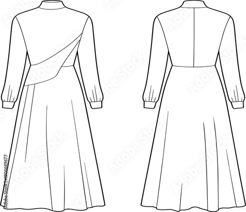 Fashion Flat Sketch Vector of Women Long Sleeve Midi Dress, Technical Drawing with Mock Neck and Wrap Waist Detail,