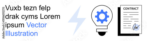 Business innovation, agreement, intellectual property, creative solutions, contract signing, documentation. Lightbulb with gear, contract document and lightning bolt. Innovation and agreements