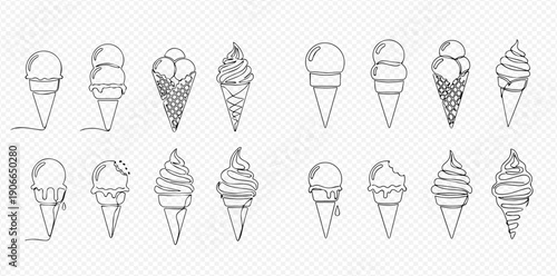 Set of hand-drawn ice cream cones in various styles and flavors, perfect for summer designs and dessert menus.