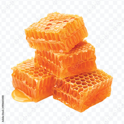 realistic four stacked honeycomb pieces with dripping honey in different style isolated on transparent background