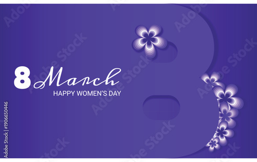 Banner for International Women's Day. Flyer for March 8 with floral decorations. Number 8. Paper-cut style invitation with spring plants, leaves, and flowers.
