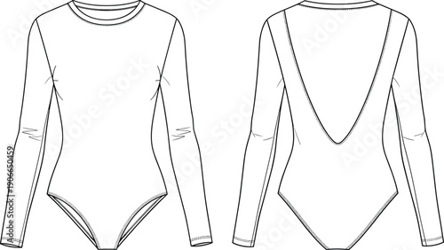 Fashion Technical Sketch of Women's Long Sleeve Bodysuit with Deep V Back, Flat Garment Drawing Template for Apparel Design Vector