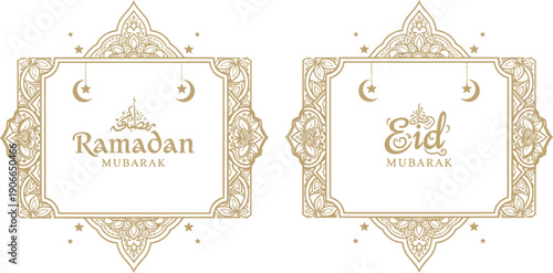 Ornate gold Ramadan and Eid frames with crescent moons and stars on transparent backdrop vector illustration