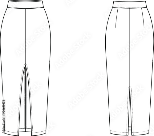 Fashion Technical Sketch of a Long Pencil Skirt with Front Slit, Women's Midi Straight Skirt Vector Template for Apparel Design