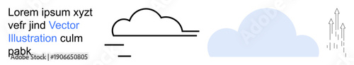 Technology, growth, weather forecasting, creative design, cloud storage, progress. Minimalistic cloud shapes with rising arrows and line details. Technology and growth concept