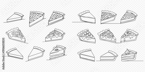 Continuous line drawing of various pie slices, cheesecake, and fruit tarts on a transparent background.