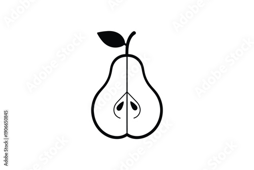 Minimalist pear icon showing half slice of fruit with seeds and leaf isolated on white background for design