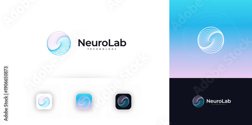 AI Automation Round Logo Icon Label, Software Company Logotype Concept, Business Digital Transformation Symbol, Research and innovative Technology. Abstract Funnel Swirl Vortex Design. Vector Logos