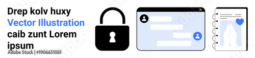 Data security, privacy, online communication, messaging apps, cybersecurity, data management. A lock with chat and analytics interface. Data security and privacy concept