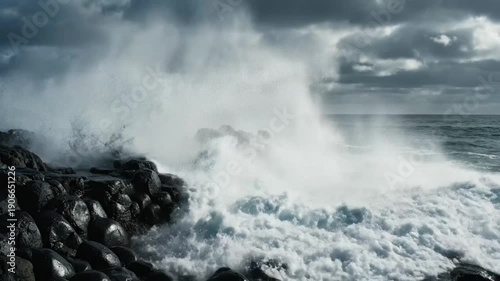 Wallpaper Mural Dramatic seascape of ocean waves crashing against black volcanic rocks under a cloudy sky. Torontodigital.ca