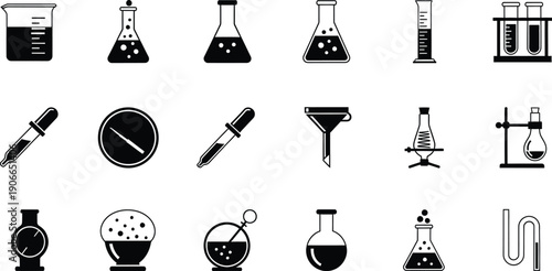 A collection of black silhouette icons representing essential laboratory equipment for scientific experiments