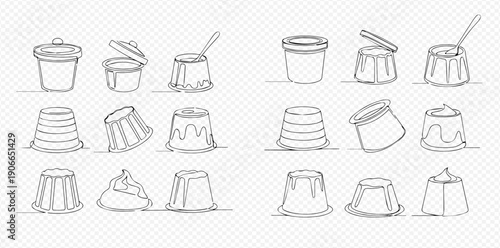 Set of hand-drawn pudding and yogurt illustrations in various stages, from container to serving, in continuous line art style.