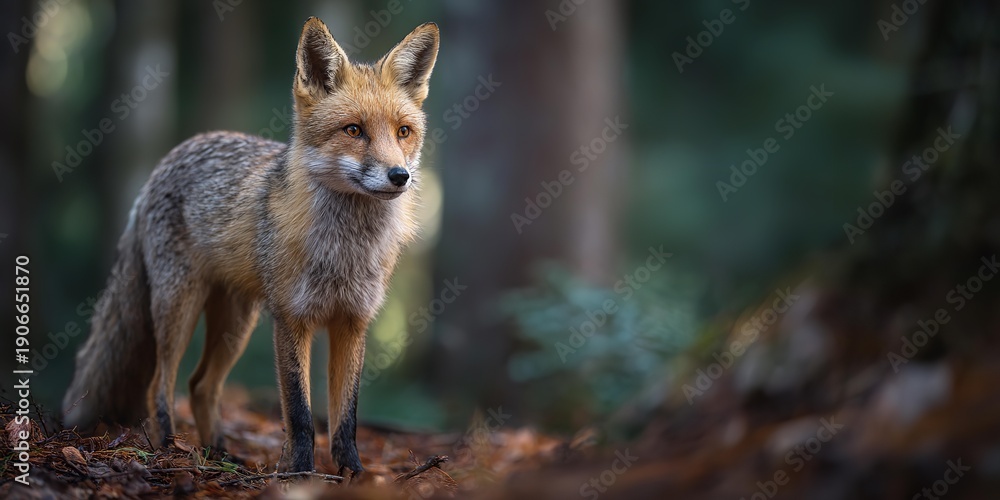 Naklejka premium A fox is standing in the woods, looking at the camera.