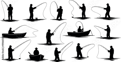 Black fishing silhouette collection set on white background, fisherman in boat and standing in water, outdoor hobby activity, isolated vector
