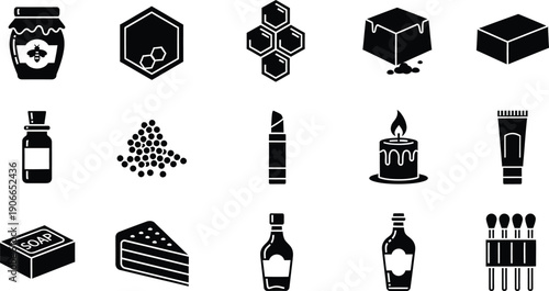 A collection of black silhouette icons representing honey, beeswax, and various related products.