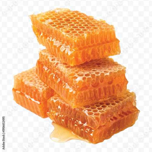 realistic four stacked honeycomb pieces with dripping honey in different style isolated on transparent background