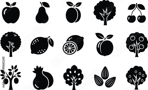 A collection of black silhouette icons representing various fruits, nuts, and fruit trees for design purposes