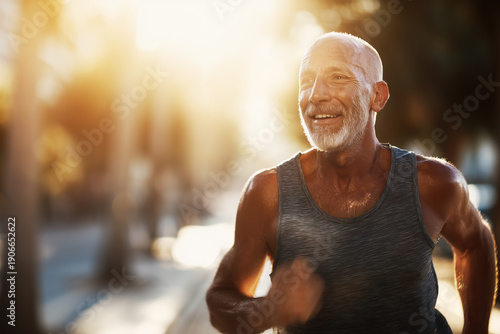A fit man in his 70s on a morning jog in a sunny city park