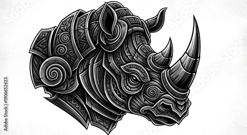 Black and White Rhino Head Tattoo Design.