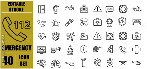 Emergency Line Icons Set for Safety and Crisis Response – Ambulance, Alert, Siren, Fire Extinguisher, Hazard, Rescue, First Aid Kit and Emergency Call Editable Stroke Outline Vector Symbols for Health