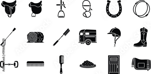 A collection of black and white icons representing various pieces of equestrian equipment and supplies for horse riding
