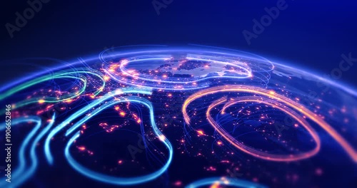 High speed data connections across illuminated Earth from space. Technology and digitalization related 3d animation.