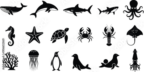 A collection of black silhouette icons representing various marine animals and sea life