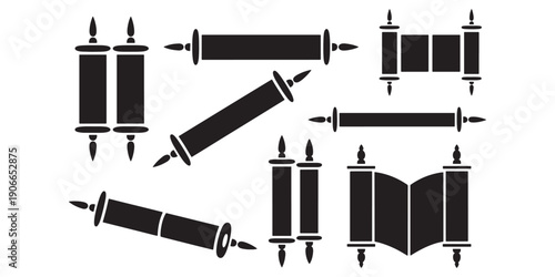 Vector collection of ancient scroll silhouettes, Torah and old manuscript icons for history, vintage or religious design.