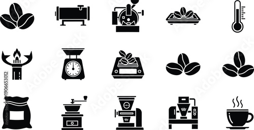 A collection of black icons representing coffee production processes, equipment, and final preparation