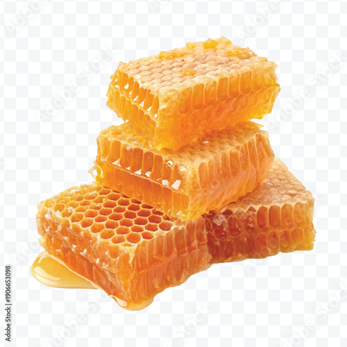 realistic four stacked honeycomb pieces with dripping honey in different style isolated on transparent background