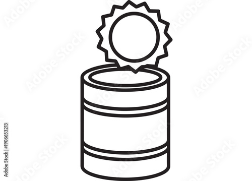 Battery icon with solar energy symbol above, clean black outline vector, renewable power storage concept for app UI, web buttons, infographics, and technology branding