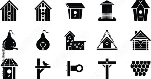 A large collection of various birdhouse and bird feeder icons depicted in a simple black silhouette style on a white background, suitable for graphic design projects.
