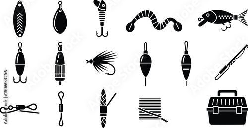 A diverse set of fishing tools and accessories, such as lures, bobbers, and a tackle box, shown as black silhouettes.