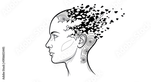 Disintegrating Head Silhouette: Loss of Thought, Memory, and Identity Concept