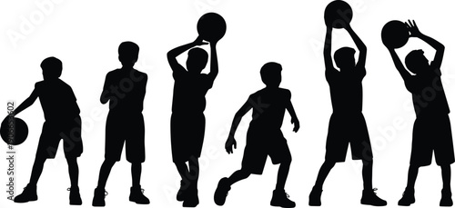 Basketball,Kids,Children,Silhouette,Sport,Player,Training,Exercise,Game,Activity,Teamwork,Youth,Athlete,Action,Practice,Motion,Energy,Black,White,Isolated