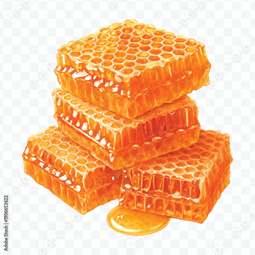 realistic four stacked honeycomb pieces with dripping honey in different style isolated on transparent background
